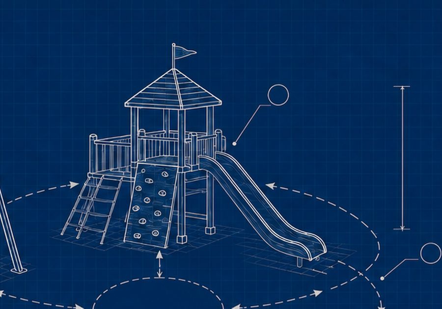 Detail of the playground blueprint showing the climbing structure, slide, and swing set